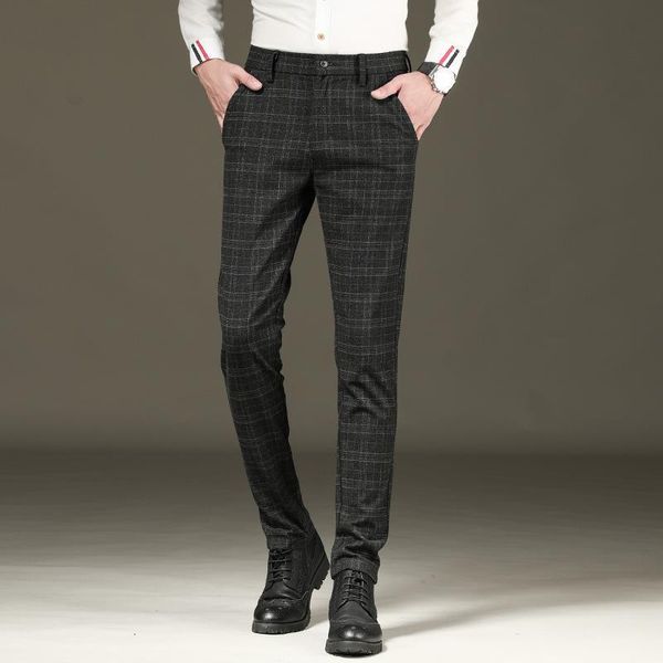 

2020 fashion men dress pant plaid business casual slim fit pantalon homme classic vintage suit trousers wedding pants 38, Black