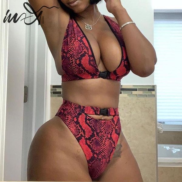 

in-x red snake print bikini 2020 buckle swimsuit female bathers high waist biquini v neck swimwear women bathing suit new, Black