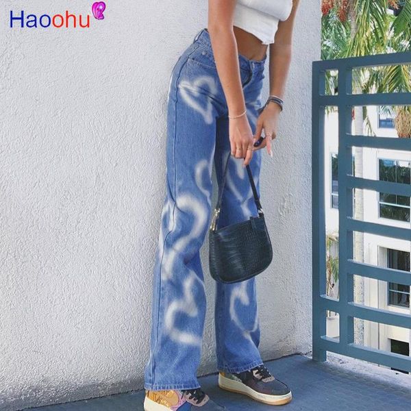

women's jeans haoohu heart pattern blue denim female pants for women vintage 2021 autumn straight high waist full length trousers