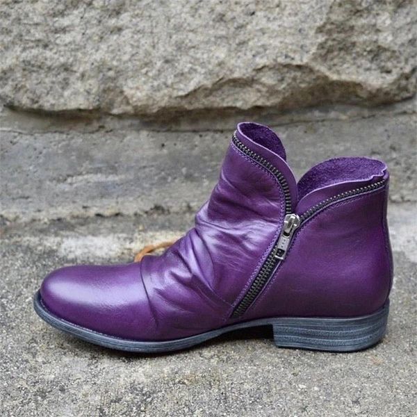 

women boots 2020 leather ankle boots flat shoes autumn winter snow platform zipper punk ladies shoes botas mujer #vm8k, Black