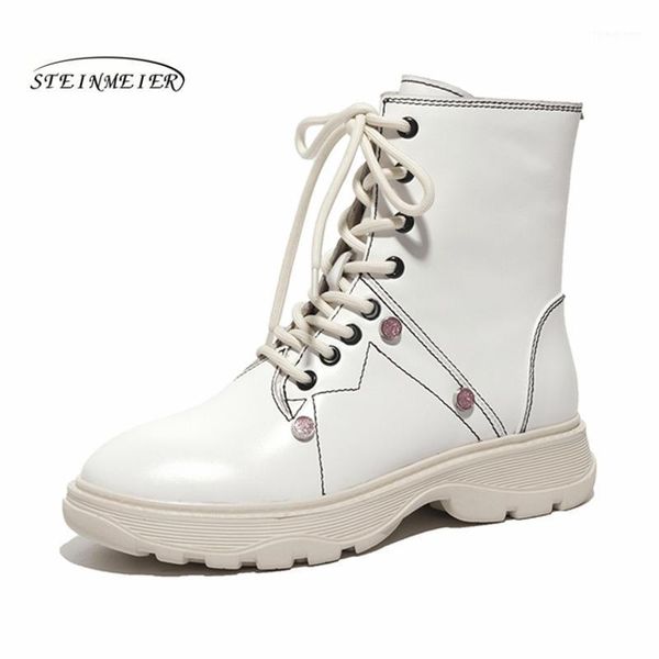 

women winter ankle boots genuine leather woman shoes 2020 fashion keep warm platform round toe lace-up knight short boots ladies1, Black