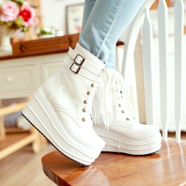 

boots round toe shoes woman flat low ladies mid calf mid-calf leather high heel rubber rock large size lolita lace-up rome, Black