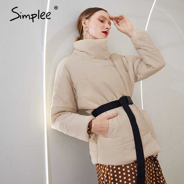 

simplee elegant warm short winter coat women fashion design with pocket parka coat stand collar casual sash belt overcoat 201014, Black