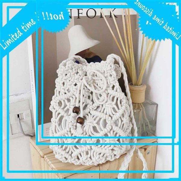 

mori women's literature and art model one shoulder messenger cotton knitting drawstring bucket korean version small fresh beach bag