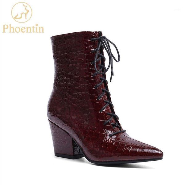 

boots phoentin 2021 crocodile pattern ankle women pu leather female winter zipper pointed toe black lace up ft7541