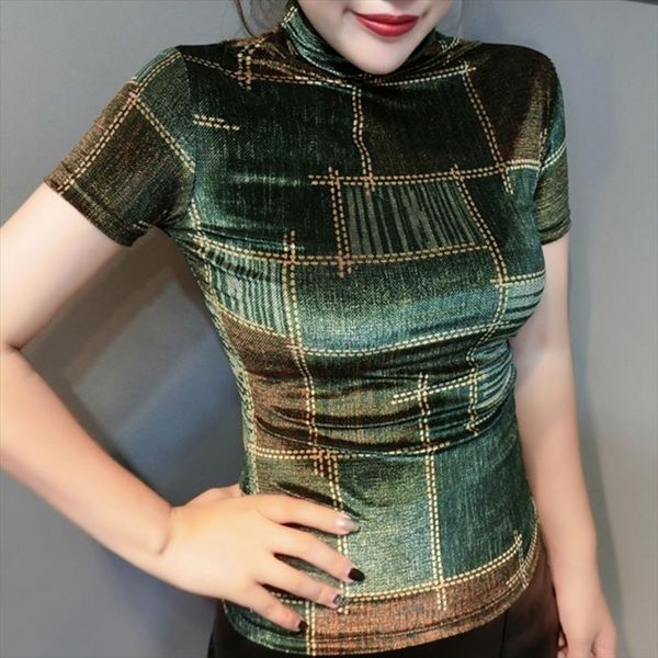 

2020 spring summer european clothes pleuche print gold plaid t shirt women ropa mujer bottoming shirt tees t02222, White