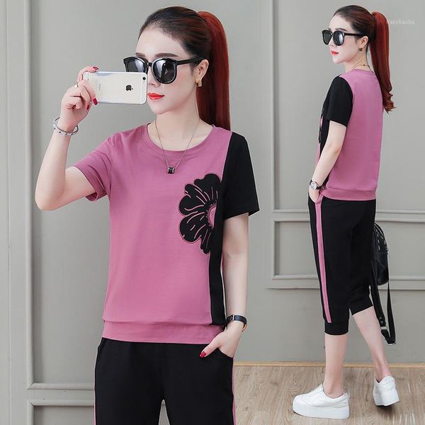 

running sets summer women sport suit short sleeve loose sweatshirt+sweatpant jogger outfit fitness casual set sportswear tracksuit1, Black;blue