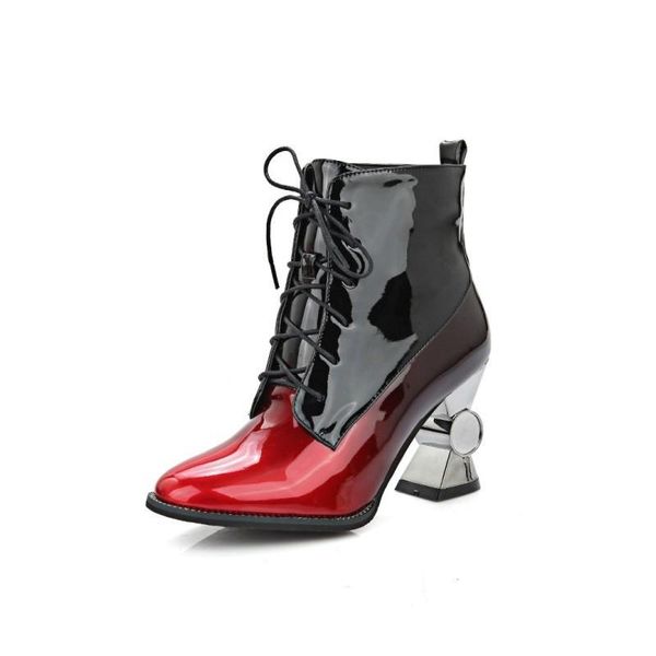 

boots fashion women shoes shiny patent leather lace up pointed toe for ankle strange style punk black pink