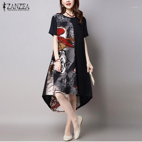 

zanzea women dress 2020 summer vintage print dress casual loose o neck short sleeve irregular hem vestidos plus size1, White;black