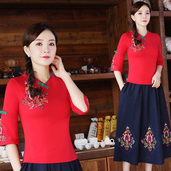 

5460 new national style embroidered seven wind sleeve cotton bottom t-shirt manual buckle decorated with lining, Black;gray