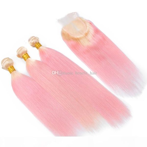 

ombre two color #613 blonde pink hair weft extension with lace closure pink silky straight 3 bundles virgin hair weaves with closure, Black;brown
