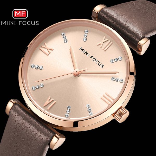 

minifocus fashion casual ladies watches waterproof crystal dial quartz watch women leather strap luxury brand elegant wristwatch, Slivery;brown