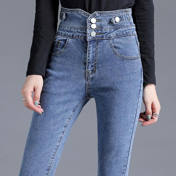 

women's jeans high waist 3 buttons stretch for women spring fall skinny slim pencil pants korean style fashion denim trousers oversized, Blue