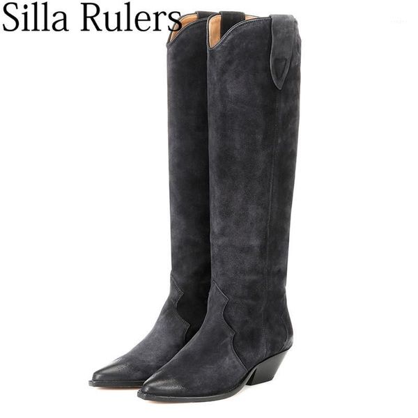 

boots silla rulers 2021 runway genuine leather knee woman chunky heels motorcycle knight zapatos de mujer1, Black