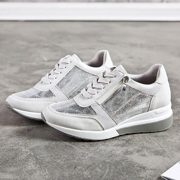 

new casual wedge sneakers women sports fashion brand shoes breathable lightweight lace-up glitter sneakers c1120, Black