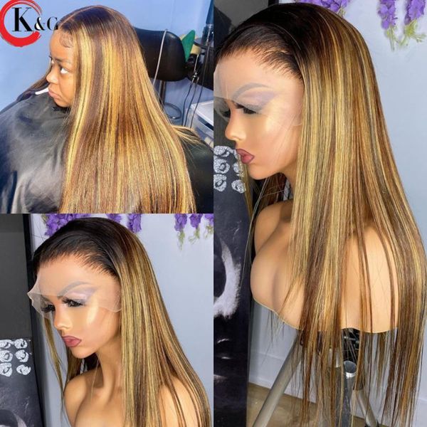 

lace wigs kungang highlight t-part middle part front human hair straight 150% density with baby ratio non-remy, Black;brown