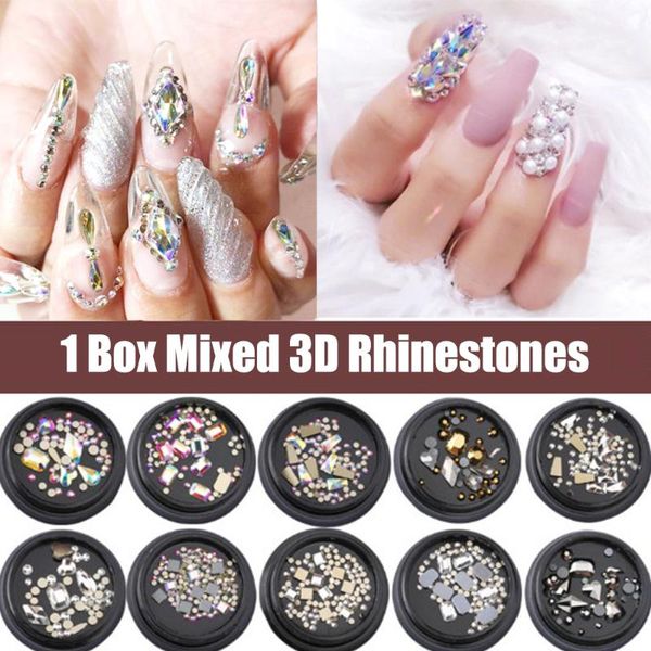 

1 box mixed 3d rhinestones nail art decorations crystal gems jewelry gold ab shiny stones charm glass manicure accessories, Silver;gold
