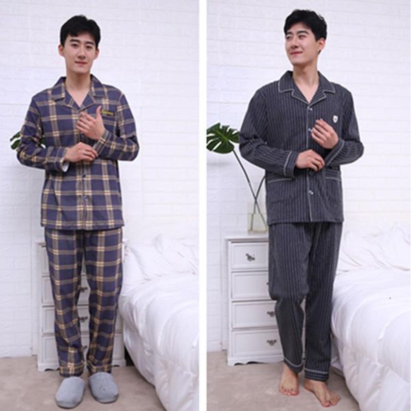 

new 2019 spring men pajamas long sleeve male pajama set men pure full cotton pajamas for sleepwear suit homewear 2xl1, Black;brown