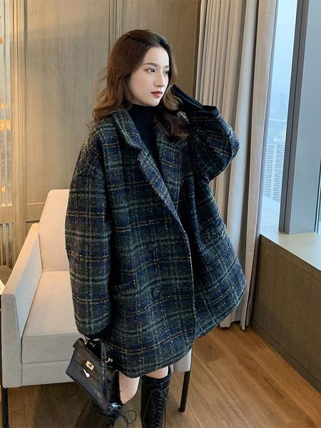 

women winter vintage plaid warm england style woolen suit jacket loose casual outwear coat clothes, Black