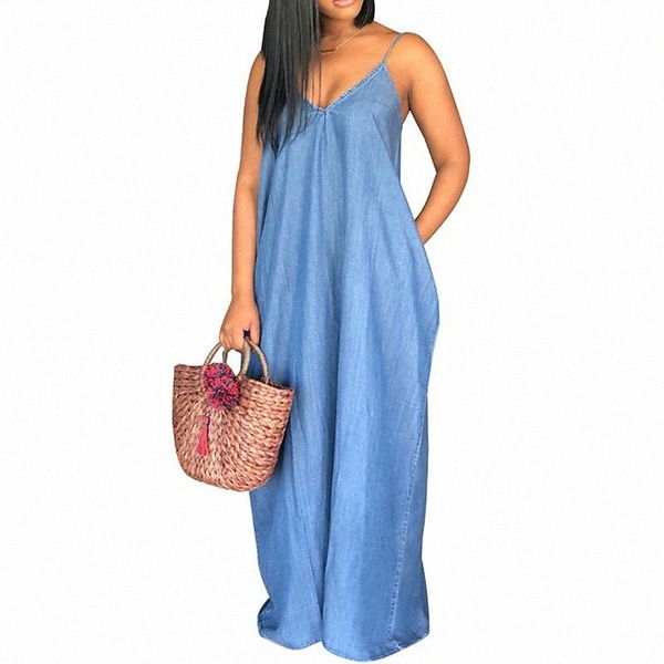 

women's plus size denim dress solid color v neck sleeveless spring summer basic casual maxi long dress causal daily dress x8od#, Black