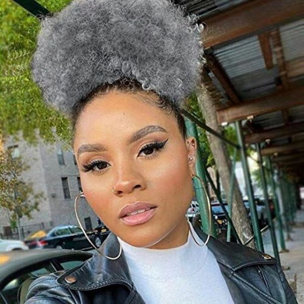 

factory wholesale grey afro ponytail hair extension,brighten gray hair kinky curly short high natural puff human hair extension 14inch 140g, Black