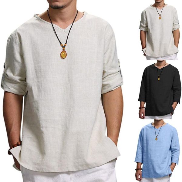 

men's large size solid color cotton and linen shirts 2020 summer new pure cotton and comfortable fashion blouse 6.14, White;black