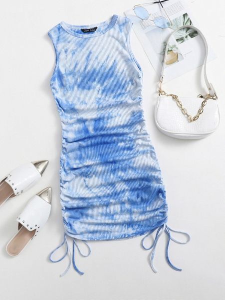 

tie dye drawstring ruched side rib-knit dress 12cu#, Black;gray