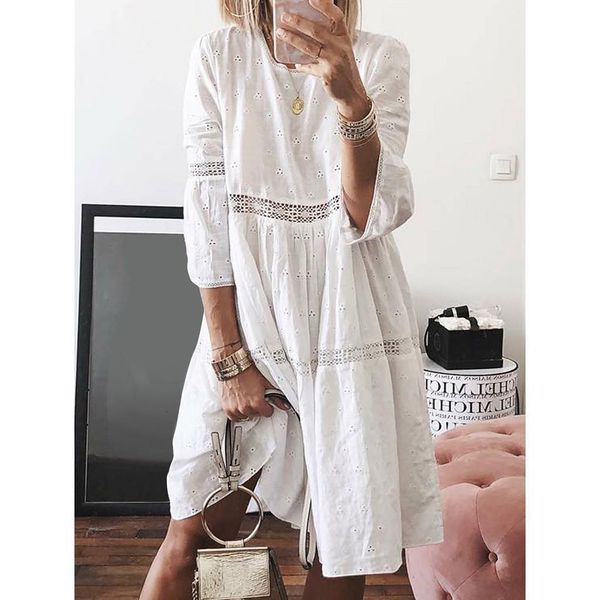 

high elastic waist party dress women boho solid crew neck dresses hollow out splice 3/4 sleeve long dresses 40 drop shipping, Black;gray
