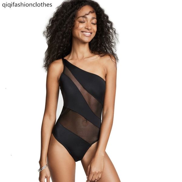 

2019 new single shoulder yarn stitching one piece swimsuit for women, White;black