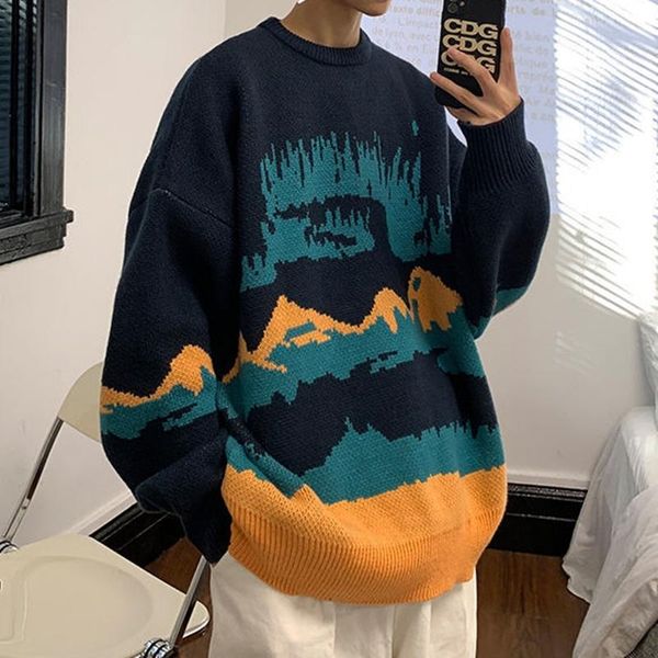 

retro sweater men round neck loose casual knit japanese pullover fashion print autumn korean oversize harajuku streetwear, White;black