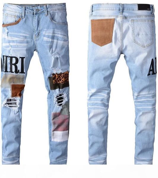 

высококачественные мужские беспокойные разорванные байкерские джинсы тонкий подходящий мотоцикл байкер джинсовые джинсы для мужчин моды мужс, Blue