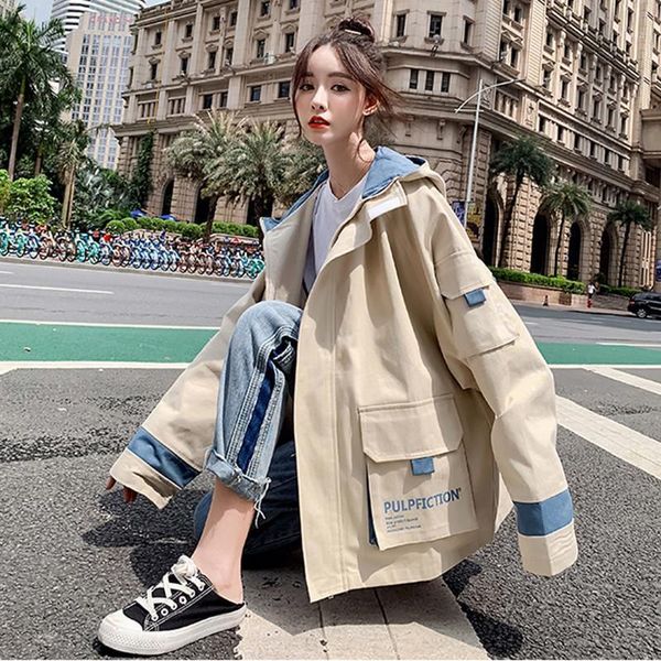 

2020 fashion plus size tooling women korean spring autumn loose bf cardigan trench coat female outerwear b571, Tan;black