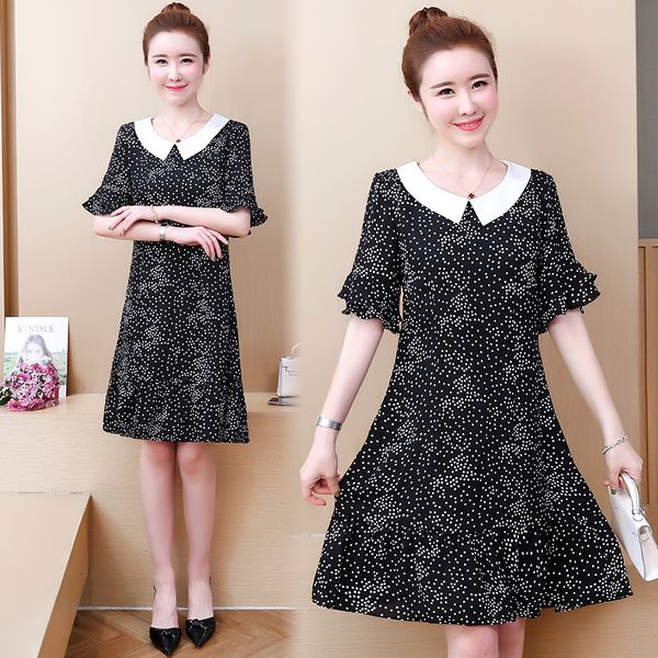 

woman of women ladies summer chiffon printed big plus size points casual skinny shirt loose dress svol, Black;gray