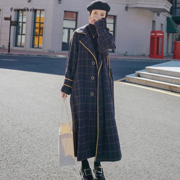

fairyshely korean retro woolen long coat 2021 women autumn winter plaid loose female section jacket office casual belt overcoat, Black