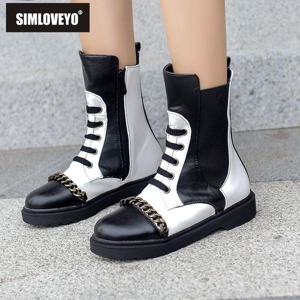 

boots simloveyo ankle for women round toe low heel leather punk gothic shoes elastic zipper big size 43 botas feminino b1470, Black