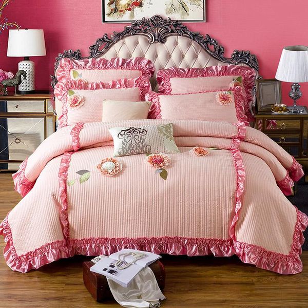 

bedding sets 4/6pcs luxury 100%cotton quilted applique set embroidery ruffles duvet cover bedskirt pillowcases  size