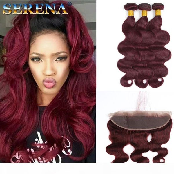 

8a brazilian human hair bundles red bundles with frontal 99j body wave virgin hair closure burgundy human hair bundles with 13x4 frontal, Black;brown