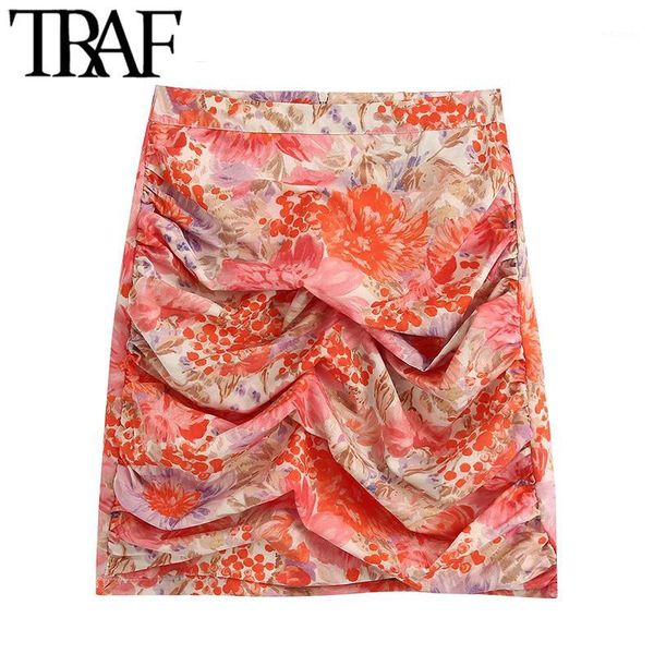 

traf women chic fashion floral print draped mini skirt vintage high waist side zipper female skirts casual faldas mujer1, Black