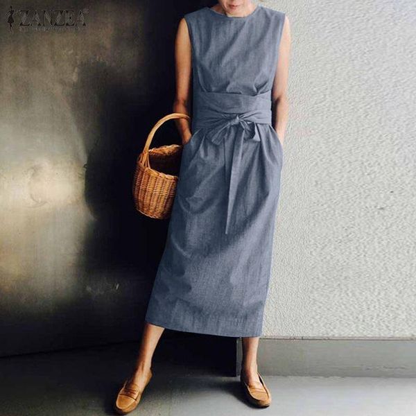 

womens fashion summer midi dress zanzea elegant sleeveless vestidos party holiday dresses with belt female solid kaftan oversize, Black;gray