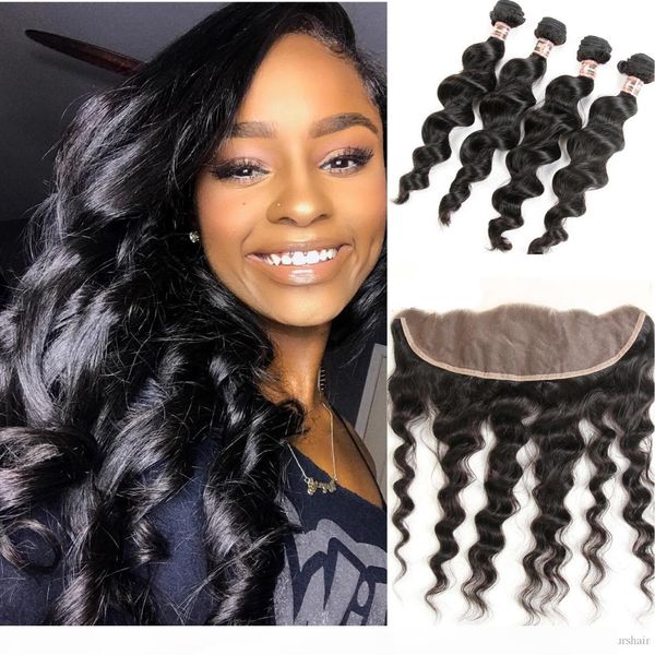 

hair salon brazilian peruvian indian unprocessed human hair bundle 4 piece with lace frontal natural color non remy hair extension, Black;brown