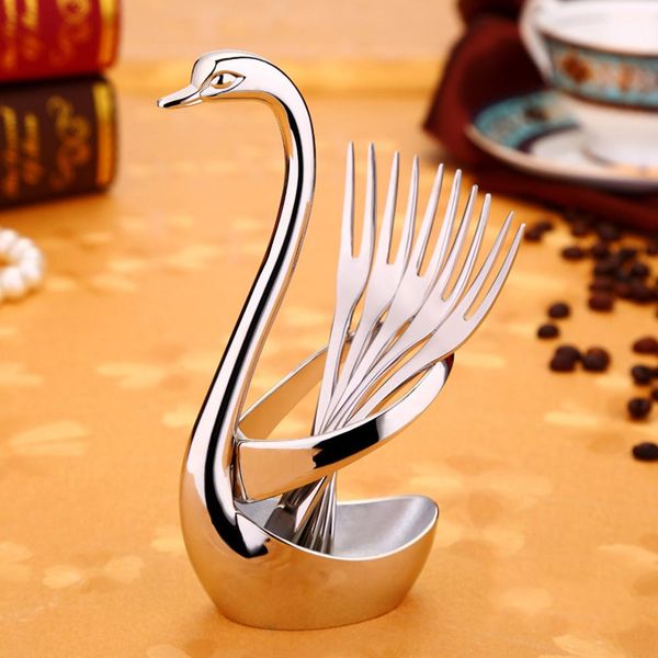 

elegant swan base holder fruit forks cutlery set stainless steel salad dessert forks coffee spoon tableware wedding supply h jllysk