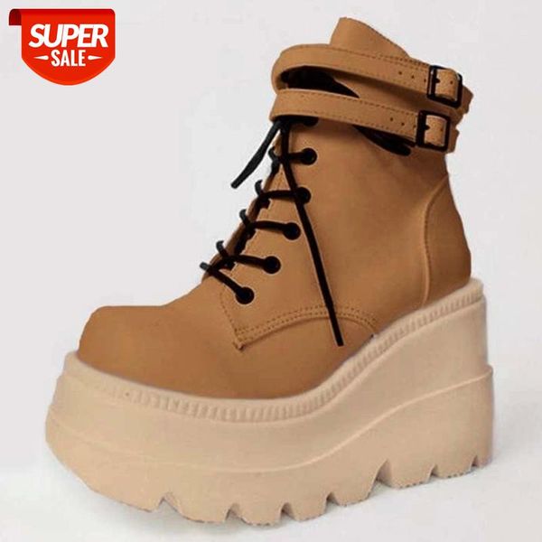 

lucyever colorful chunky platform ankle boots for women 2020 double buckle wedges shoes woman punk style high heels boots 43 #xm2z, Black