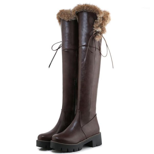 

2020 winter fashion square high heels round toe artificial pu leather over the knee boots warm plush zipper snow boots 34-431, Black