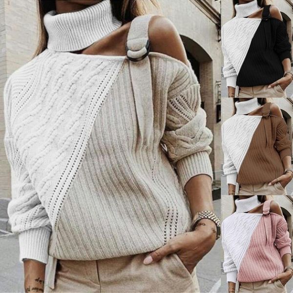 

womens new design contrast color patchwork knitted crochet hollow out pullover fashion street female turtleneck sweater, White;black