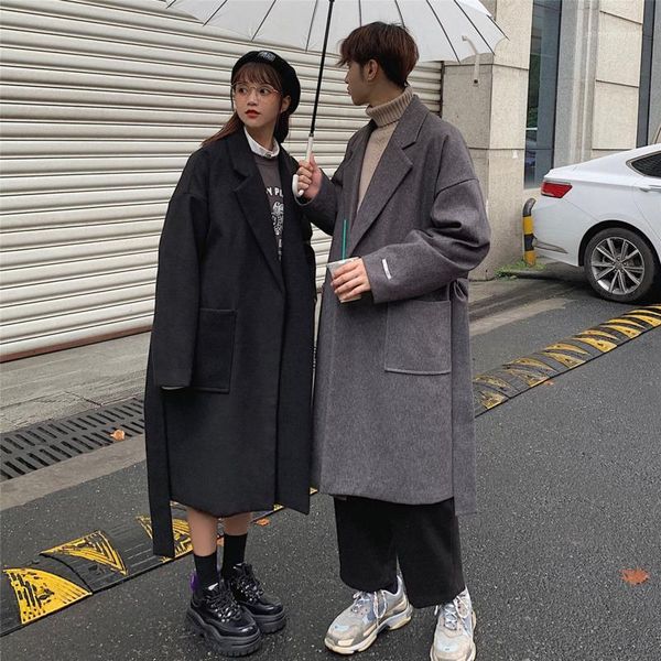

men's wool & blends winter korean style woolen coat men's fashion casual long men streetwear loose couple jacket mens overcoat1, Black