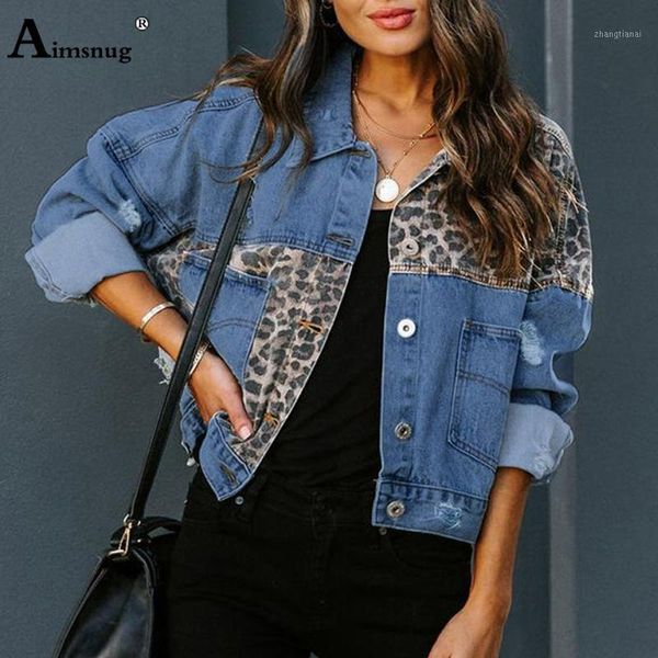 

women denim jackets 2021 spring autumn hole ripped jacket lapel retro patchwork leopard jean demin outerwear femme jersey mujer1, Black;brown