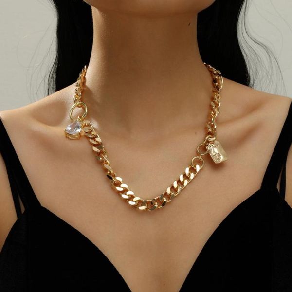 

chokers punk silver color rhinestone pendant choker necklace asymmetric curb cuban thick chain necklaces for women jewelry, Golden;silver