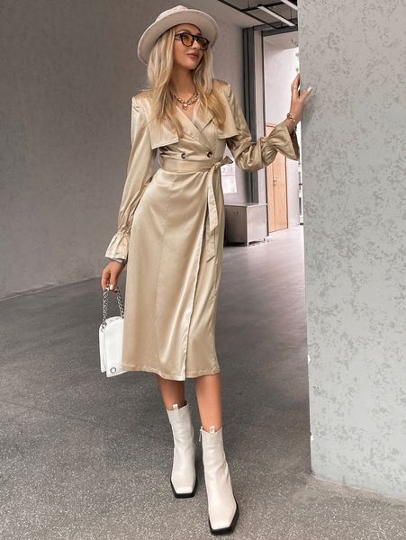 

sollinarry flounce sleeve belted longline satin trench coat s5d5#, Tan;black