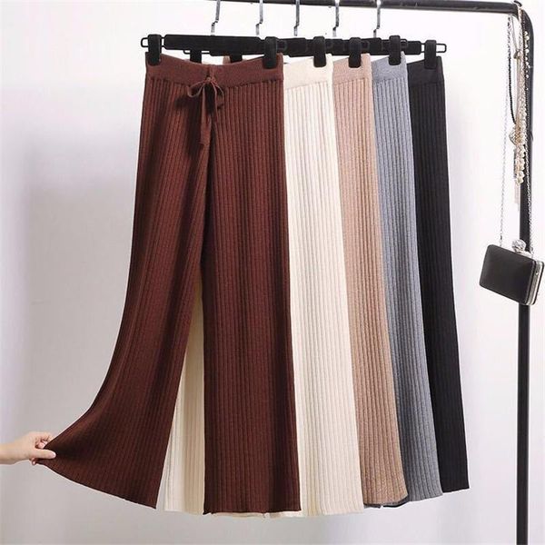 

женщины ricbded drooopy вязаные широкие брюки для ног женская осень зима свободных сплошных повседневных брюк высокие талии дамы лаунджа брю, Black;white