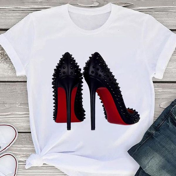 

fashion new watercolor high heels printed t-shirt women 90s hip-hop punk casual t shirt summer harajuku trendy streetwear tshirt, White